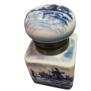 Delft Blue Windmill Decor Inkwell Vintage Blue White